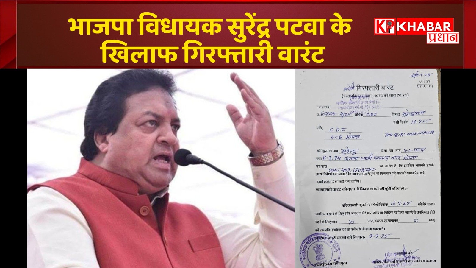 भाजपा विधायक सुरेंद्र पटवा के खिलाफ गिरफ्तारी वारंट: चेक बाउंस केस में नोटिस के बाद भी नहीं पहुंचे विधायक